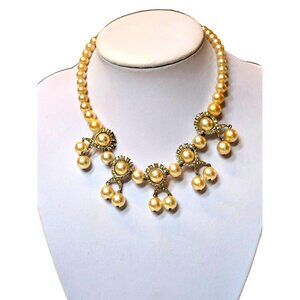 Marvella signed vintage cascading faux pearl and rhinestone necklace 16 inch